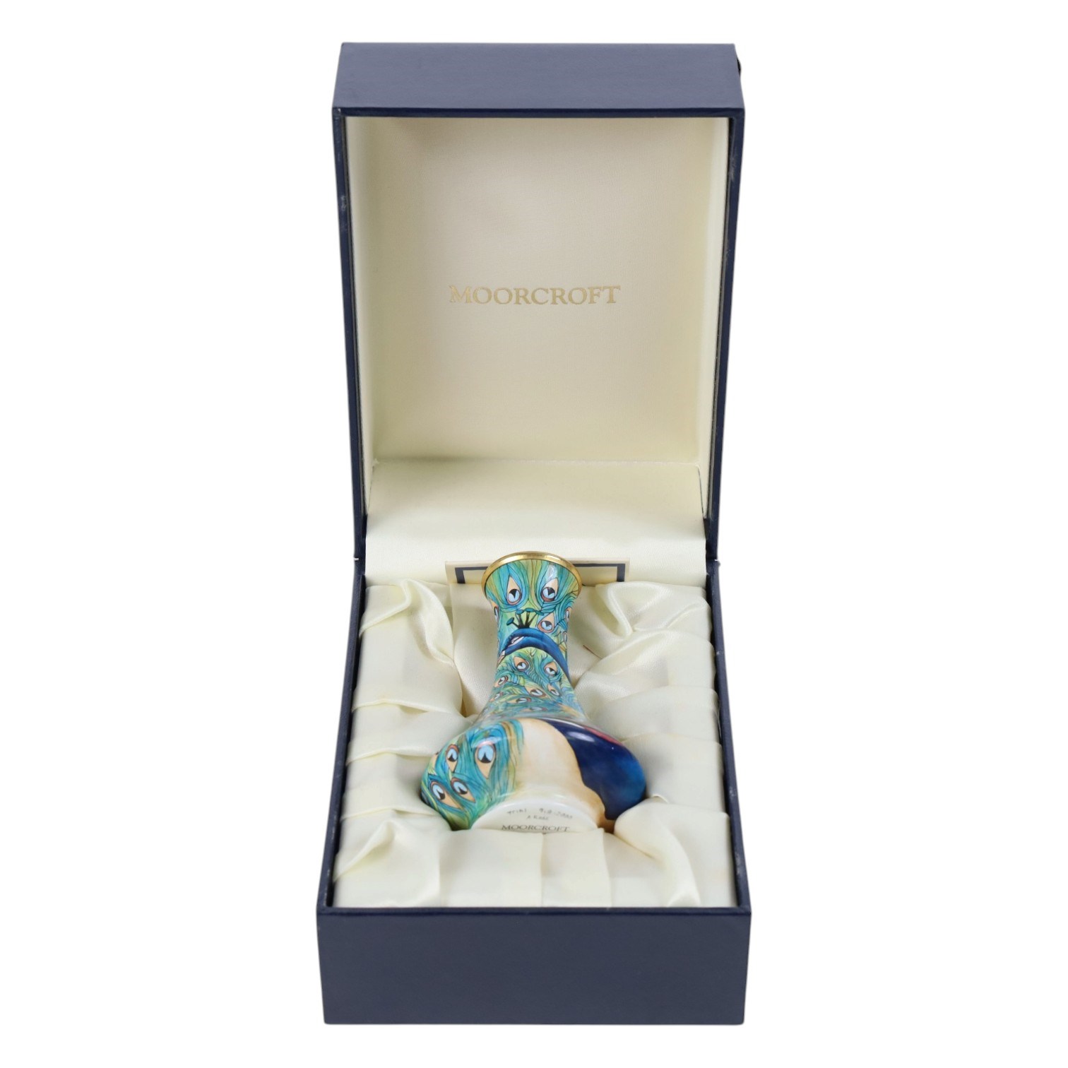 Moorcroft enamel vase, peacock design, signed beneath, boxed 