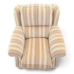 Parker Knoll - contemporary 'Henley' lounge suite comprising grande two seat sofa and wingback armchair, traditional wing shape over rolled arms and turned feet, upholstered in striped fabric