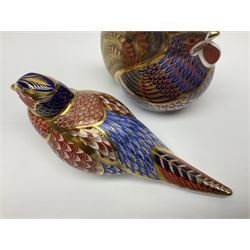 Three Royal Crown Derby paperweights, comprising Cockerel, Pheasant, both with silver stoppers and Teal Duckling with gold stopper, all with printed marks beneath, largest H10cm 