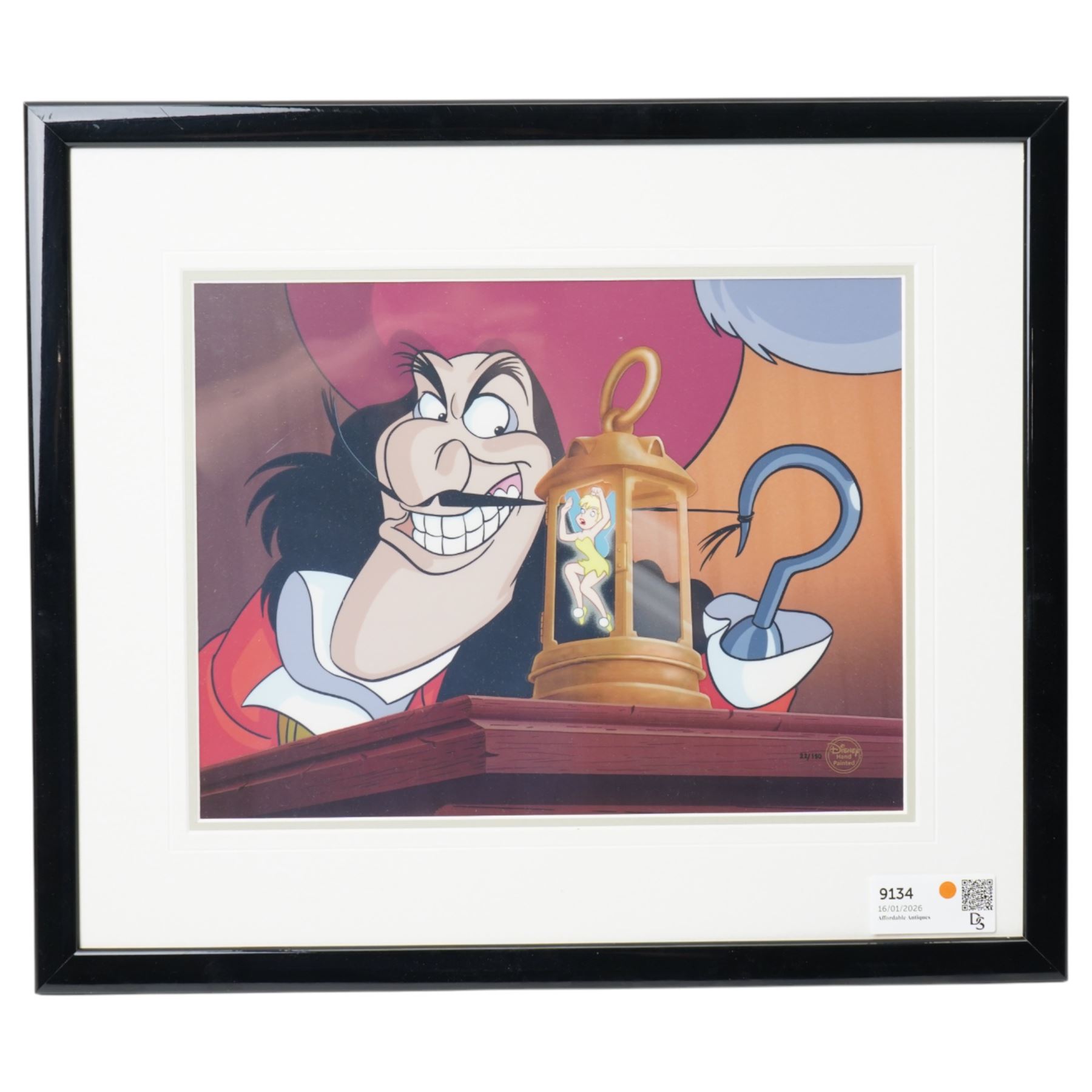 Walt Disney Company limited edition Peter pan serigraph cel, depicting Captain Hook and Tinkerbell, limited edition 22/150, with certificate, H45cm, L53cm 