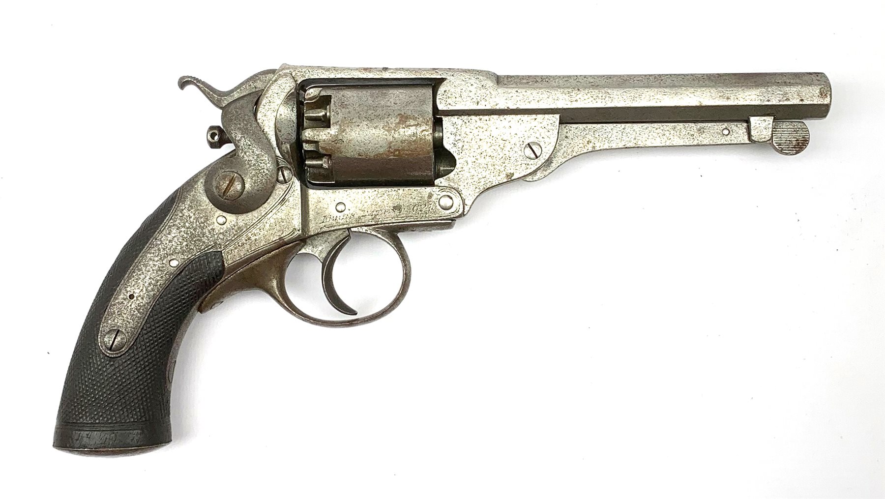 19th century English Kerr's Patent five-shot 54-bore side hammer percussion cap revolver, the 14cm octagonal barrel indistinctly marked to the top 'London Armoury', engraved 'Kerr's Patent 624' on the right frame beneath the cylinder, chequered walnut stock 30cm overall