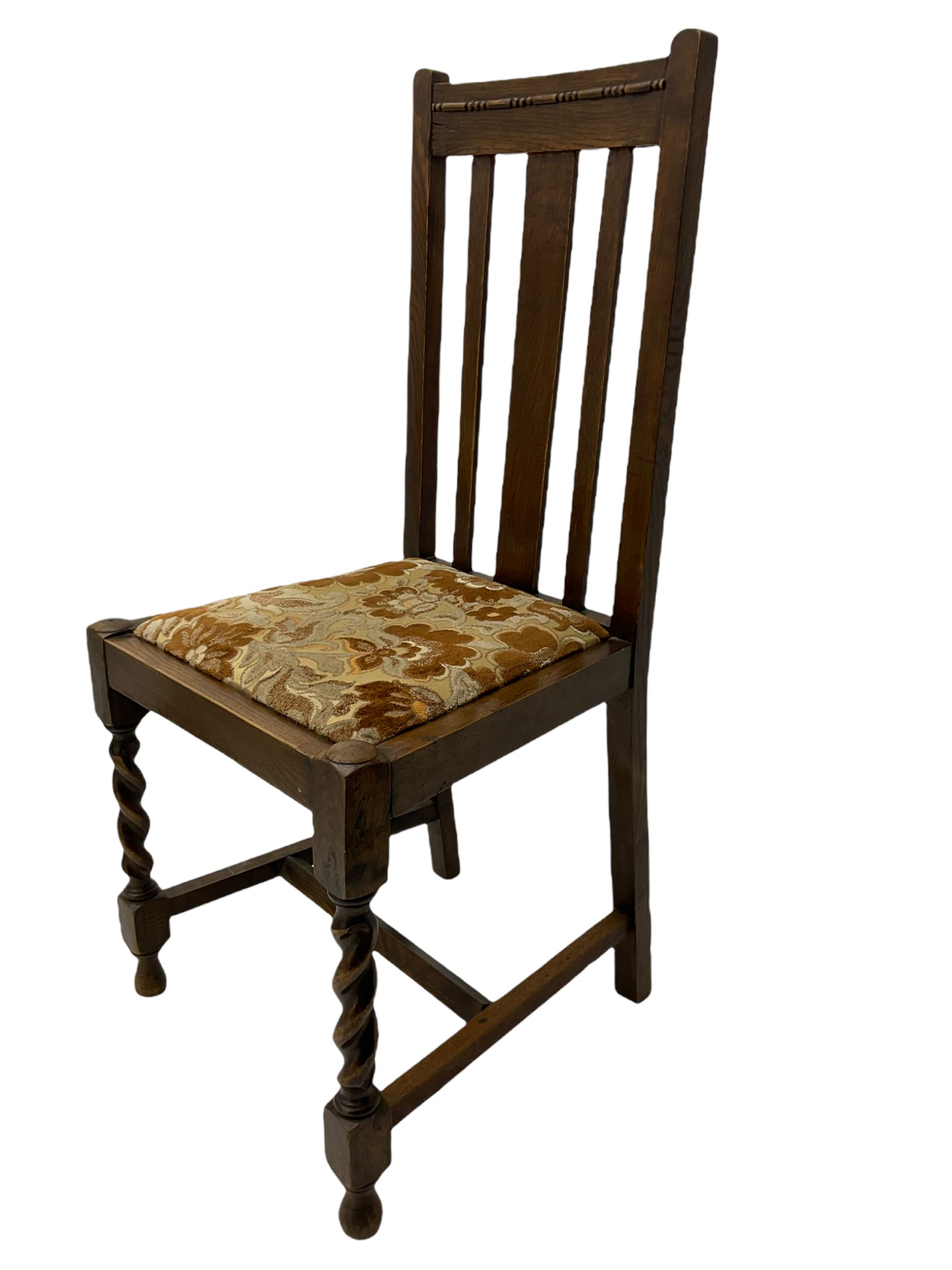 Early 20th century oak barley twist drop leaf dining table (105cm x 154cm, H74cm), and four chairs 