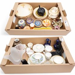 Fieldings Crown Devon items including fruit bowl, five dessert bowls and teapot, Poole pottery preserve jar, Sylvac posy holder, Frosted art glass tulip vase, similar lily vase, two Belleek saucers, assorted cups and saucers etc contents in two boxes