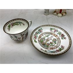 Mid 18th century Chelsea plate with gold anchor mark beneath, decorated with green floral sprays upon plain ground, the moulded cavetto shaped border with gilt rim, (A/F), D22cm, together with early 20th century Adams Tunstall Tokio pearlware slop bowl, Spode plate decorated in the Imari type pallette, with impressed and printed marks beneath, 19th century Indian Tree pattern breakfast cup and saucer, small polychrome enamelled vase and cover in the style of Samson of Paris, with marks beneath, and a pastille burner