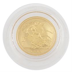 Queen Elizabeth II 1985 gold proof half sovereign coin, cased with certificate