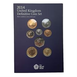 Seven The Royal Mint United Kingdom uncirculated coin sets, comprising  2008 'Emblems of Britain' seven coins, 2010 'A celebration of Britain' eight coins, 2014 'Definitive' eight coins, 2015 'The Fourth Circulating Coinage Portrait Final Edition' eight coins, 2022 'Definitive' eight coins, 2023 'King Charles III Definitives' eight coins and 2024 'Definitive' eight coins, all in card folders