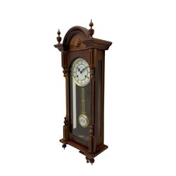 Late 20th century Mahogany cased striking wall clock, striking the hours and half hours on a gong, white two-part dial with Roman numerals and minute track, fully glazed door with gridiron pendulum, dial inscribed 'Highlands'