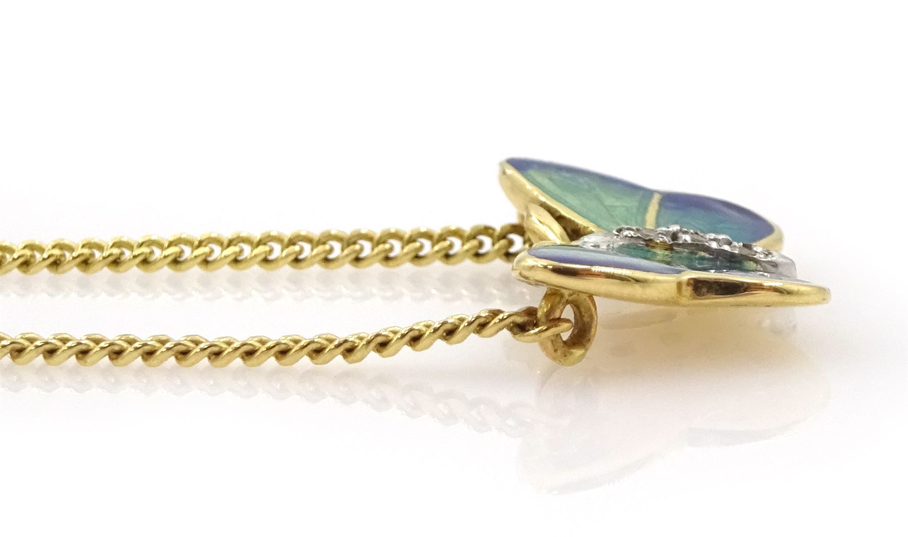 18ct gold green/blue enamel and diamond butterfly necklace, makers mark A & W (possibly Alabaster & Wilson), Birmingham 2014 