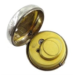 18th century silver and tortoiseshell quadruple cased verge fusee pocket watch by Graham, London, square baluster pillars, pierced and engraved balance cock, signed white enamel dial with Roman numerals and Fleur de Lys decoration, tortoiseshell third outer case with pique work to the borders, in a fitted later white metal fourth case