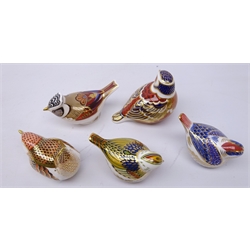  Five Royal Crown Derby Bird paperweights: Crested Tit, Firecrest and three others, four gold stoppers one silver (5)  