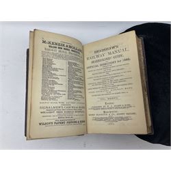 Bradshaws Railway Manual Shareholders Guide and Directory 1885, together with a collection of railway stationery, including pen nibs, pencils, pen holder and clip, from Midlands Railway, LNER LM&S, etc
