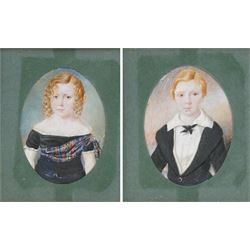 English School (19th Century): Portrait of a Brother and Sister in Highland Dress, pair mi...