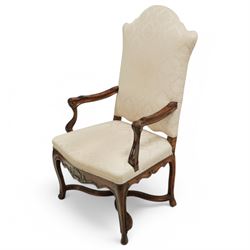 Louis XVI French walnut framed armchair, high shaped back upholsteredin pale damask fabric...