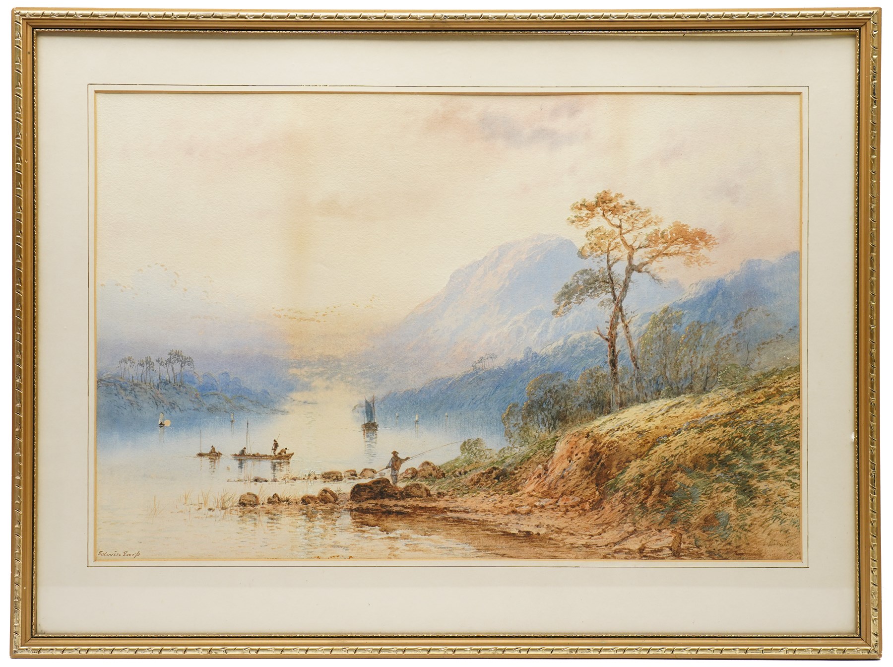 John Ernest Aitken (Scottish 1881-1957): 'An Old Scotch Fishing Town', watercolour signed, titled on label verso 24cm x 17cm; Edwin Earp (British 1851-1945): Fisherman in a Vast Loch, watercolour signed 40.5cm x 61.5cm (2)
