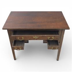 18th century oak lowboy, the rectangular top above an arrangement of three drawers with brass swan neck handles and shaped backplates, the drawers with fielded fronts, raised upon square tapering legs 