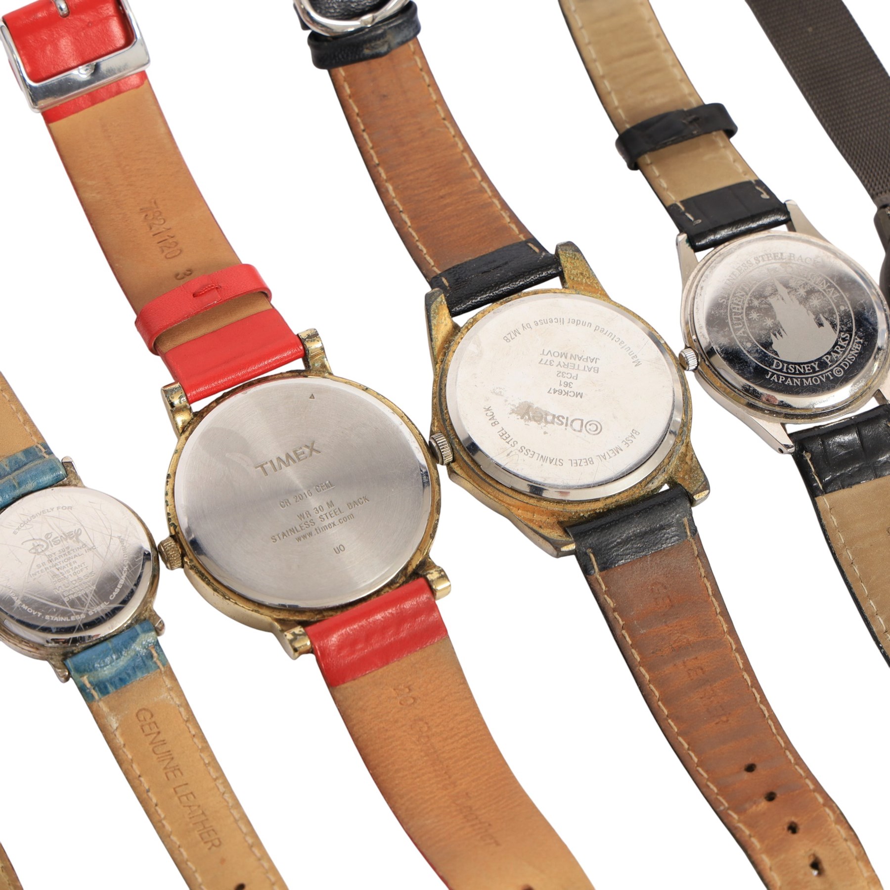 Six Disney Mickey/Minnie Mouse watches, two Mickey Mouse ring watches and a clip on stop watch