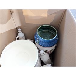 Three boxes of mixed porcelain planters, pots, jardenieres, stands, etc Provenance: from the Kirkham Hall estate.