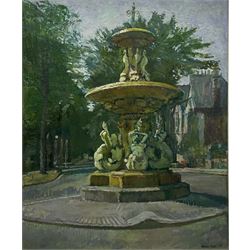 James Neal (Northern British 1918-2011): 'Fountain in Marlborough Avenue Hull', oil on board signed and dated '77, 57cm x 47cm
Provenance: East Yorkshire private collection purchased from the artist. Neal was accepted at St Martin's School of Art in 1932, aged 14. In 1958 he moved to Hull as Lecturer in Painting and Drawing at Hull Regional College of Art, then becoming Senior Lecturer in the History of Art. Over the next fifty years he became well known for painting scenes around the Hull area. Ferens Art Gallery, has twice mounted major retrospective exhibitions of James Neal's work