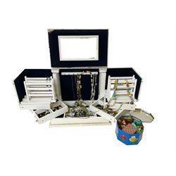 Collection of costume jewellery including rings, beaded necklaces, brooches and earrings etc, in a white wooden jewellery box