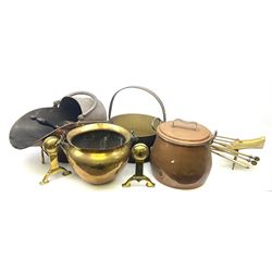 Selection of metal ware, including 19th Century jam pan, twin handled copper pan and cover, brass jardinere with twin handles modelled in the shape of the stag, copper coal scuttle and scoop and various brass fire accessories   