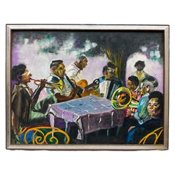 Sue Atkinson (Northern British 1949-2021): 'Bellagio Musicians - Lake Como, oil on canvas signed with initials, titled on label verso 30cm x 40cm