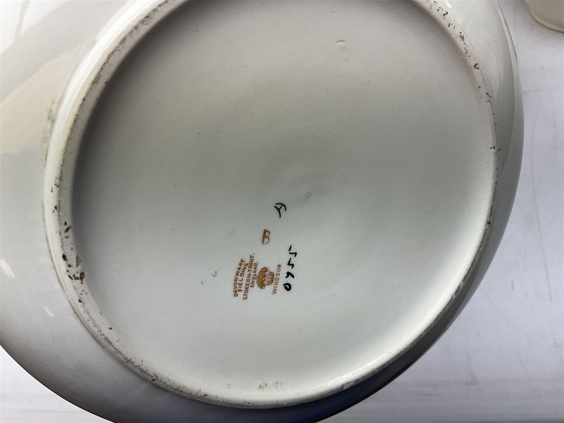 Fieldings Crown Devon Windsor pattern wash jug and bowl, together with two blush ivory ewers and other Victorian ceramics to include twin handled vase of flattened form and jug, tallest H36cm