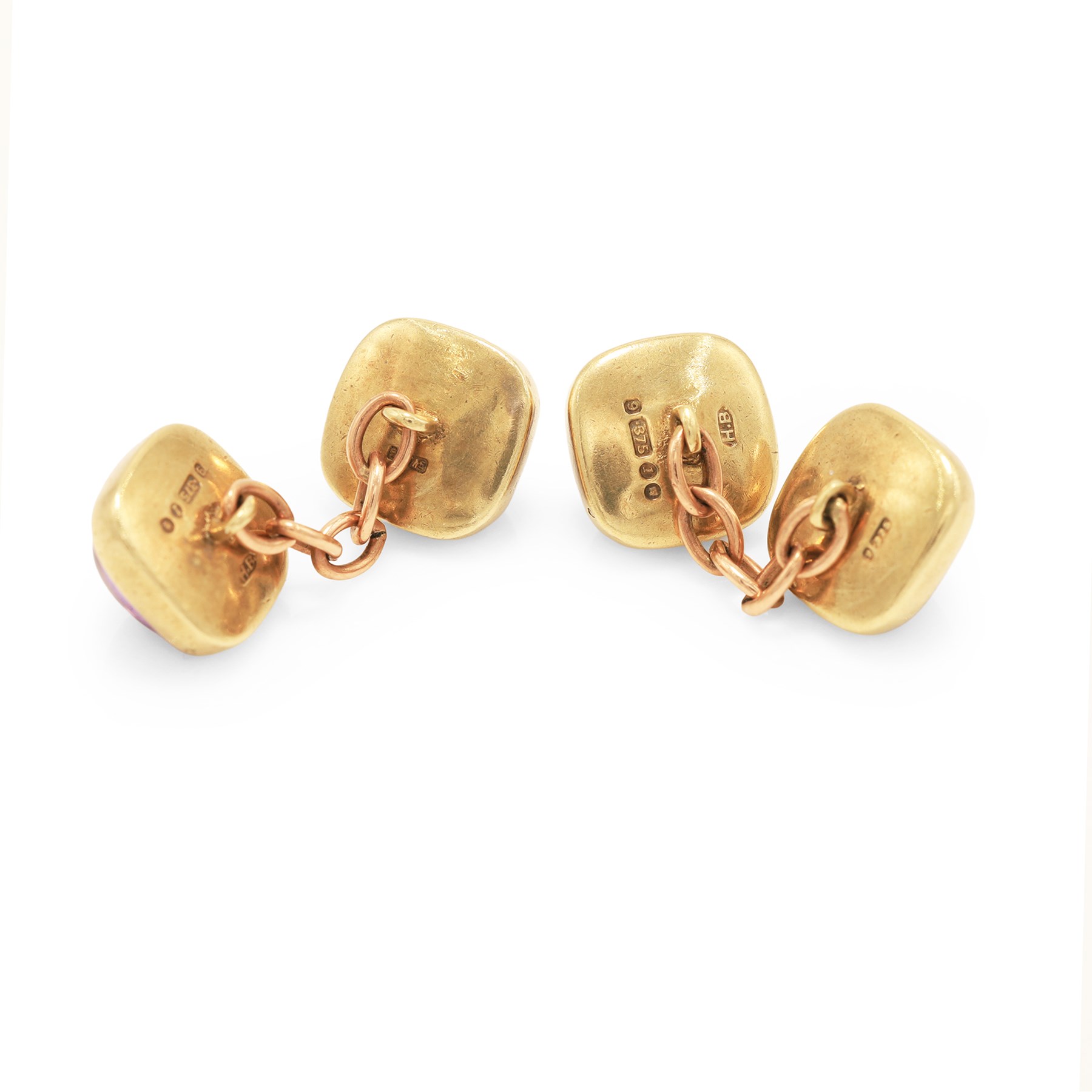 Pair of 9ct gold amethyst cufflinks, each head set with a square cabochon cut amethyst, London 1966