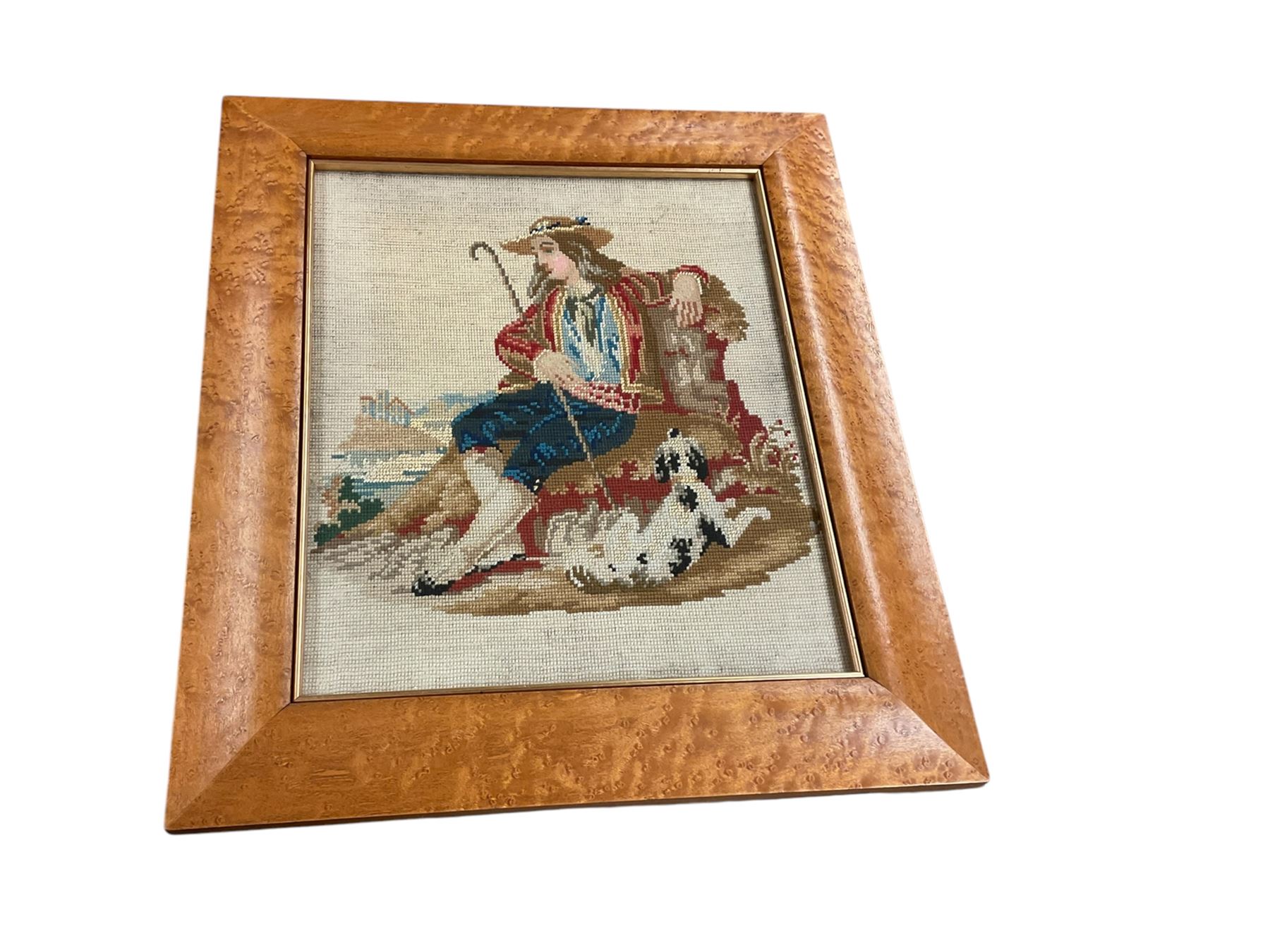Two needlepoints of a shepherd and shepherdess, both framed H53cm, W46cm 