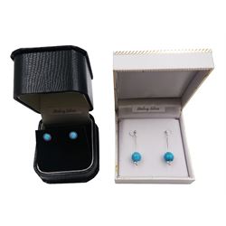 Pair of silver turquoise pendant stud earrings and a pair of opal stud earrings, both stamped 925