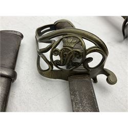 19th century Imperial German army heavy cavalry officers sword by Schnitzler and Kirschbaum, with 89cm single fullered steel blade and sheet steel basket hilt with teardrop cut-out and wire-bound leather grip L107.5cm overall; in steel scabbard with two suspension rings; and British Army 1822 Pattern Infantry Officer's sword in associated scabbard (2)