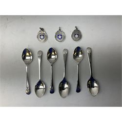 Set of three Yorkshire Miniature Rifle Association hallmarked silver and enamel fob medals, Birmingham 1925, 1926 & 1929; together with six silver plated coffee spoons each engraved with crossed rifles to the terminal (9)
