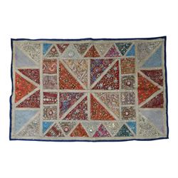 20th century Zardozi wall hanging, hand embroidered in gold thread and beadwork, in geomet...