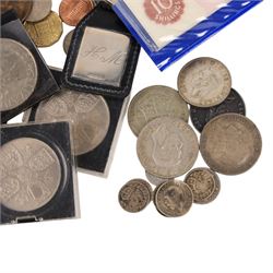 Mainly Great British coins, including approximately 19 grams of Great British pre-1920 and approximately 58 grams of Great British pre-1947 silver coins, keyring with silver panel, commemorative crowns, banknotes, etc