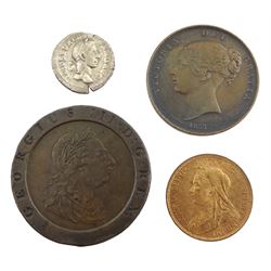 King George III 1797 cartwheel twopence, Queen Victoria 1853 penny and 1901 halfpenny and a Roman silver denarius coin