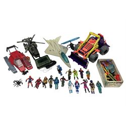 Early 90s Hasbro G.I.Joe vehicles including Storm Eagle and Cobra Earthquake, and sixteen early 90s 4 inch figurines to include Slice, Undertow, Snake Eyes, Countdown and Desert Scorpion with various accessories 