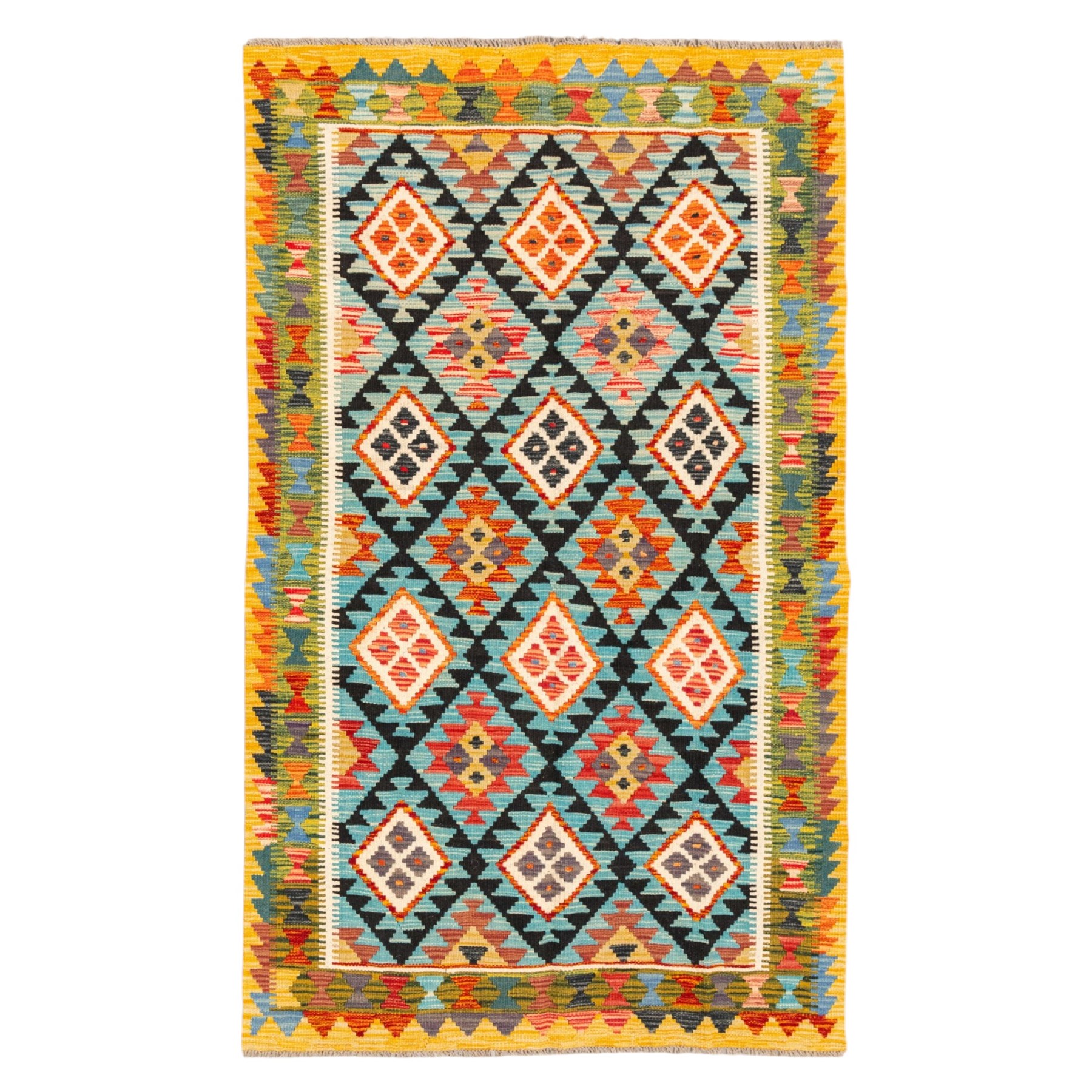 Afghan kilim cyan ground rug, the field with repeating lozenges containing geometric amber and ivory motifs with dark indigo borders, the citrine border with further geometric designs of contrasting tones