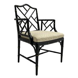 Black lacquered and gilt simulated bamboo armchair, upholstered seat