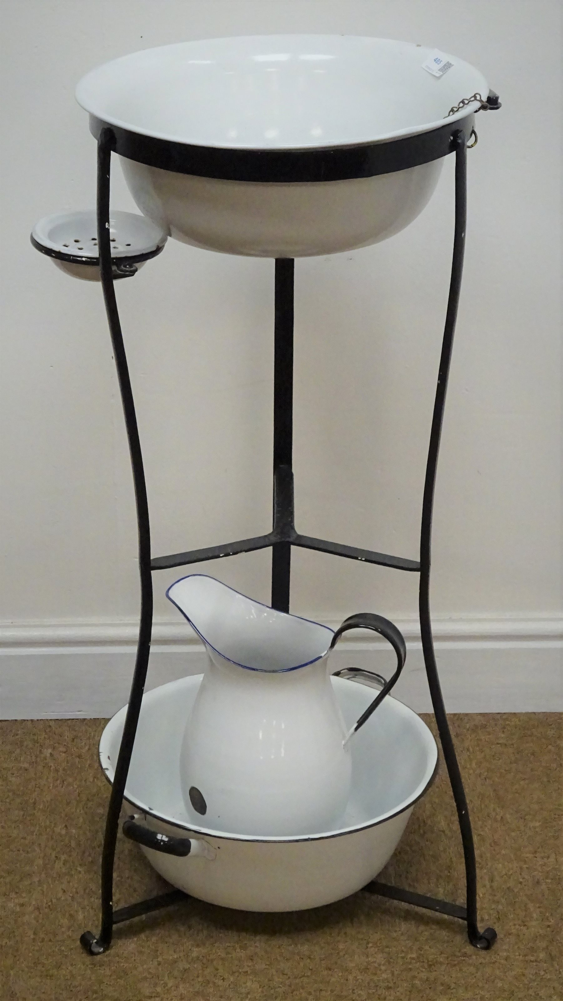 French style wrought metal wash stand with enamel basin, jug, bowl and