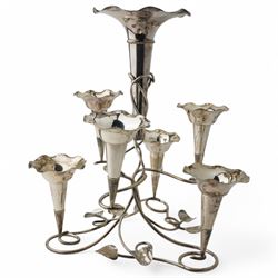 Silver plated seven branch epergne with trumpet shape vases with scroll leaf branches H36cm