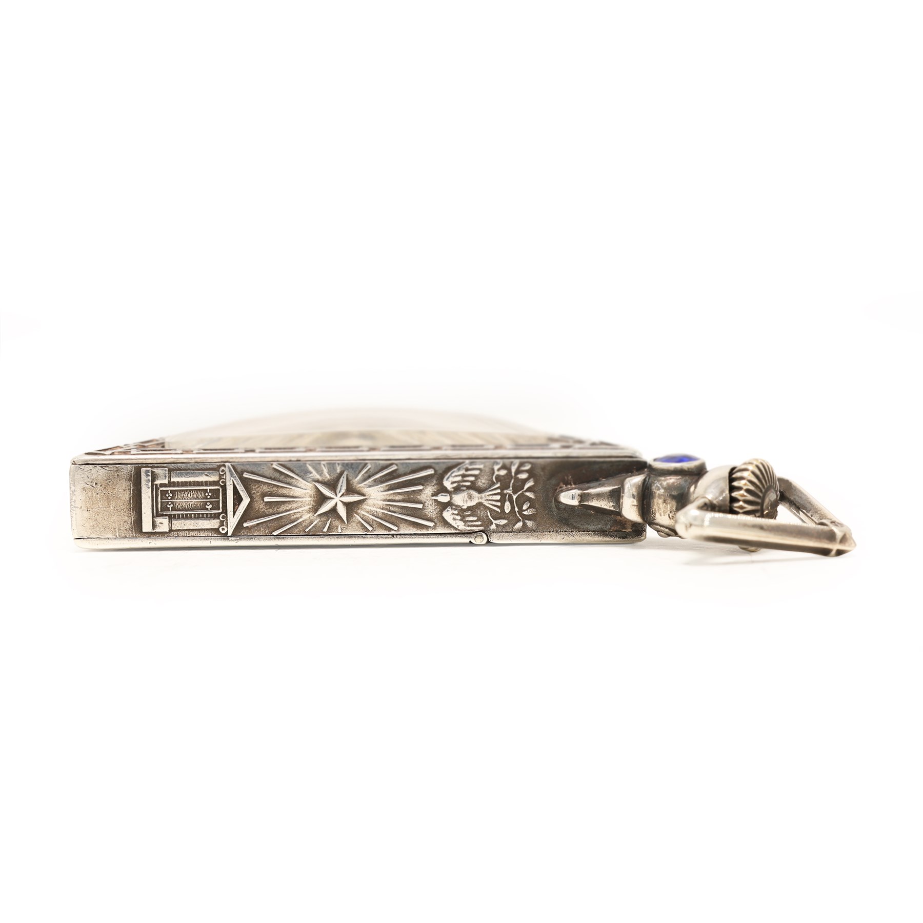 Early 20th century silver Masonic keyless lever pocket watch by G. Schwab-Loeillet, Genève, triangular mother of pearl dial with Masonic hour markers and inscribed 'Love Your Fellow Man, Lend Him A Helping Hand', the embossed case with a blue paste stone below the crown, Edinburg import mark 1923