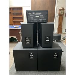 Peavey XR-696F 1200W Amplifier, serial no.K0241228, L47cm; with two Peavey UL bass bins L56cm and two Peavey top speakers L45cm with connecting rods; all with covers; and quantity of heavy duty cables, two microphone cables and microphone stand