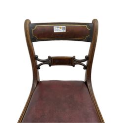 Collection of early 19th century Regency period dining chairs - set of three early 19th century mahogany dining chairs with rope twist middle rails (W50cm, H82cm); set of three Regency mahogany brass inlaid dining chairs (W48cm, H84cm); pair of Regency stained beech dining chairs with brass inlay and sabre supports (W47cm, H82cm); single Regency mahogany side chair (9)