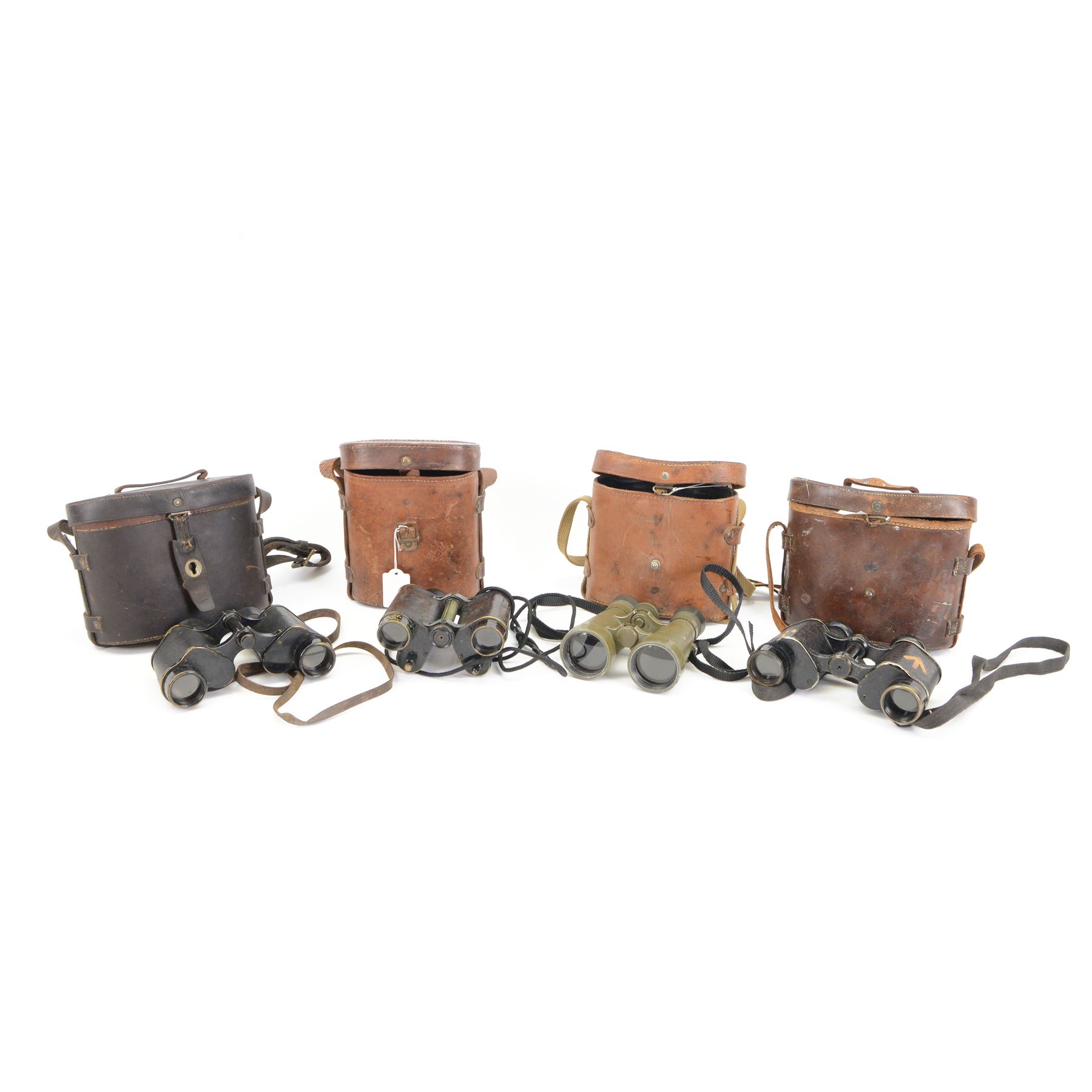 WWII Dolland of London Prismatic x6 field binoculars, with broad arrows marked to the body of the binoculars, the leather case with worn owners label to the inside, together with a cased pair of German field binoculars, with green paint finish, marked Germany-08 38226, together with two other cased pairs of binoculars 