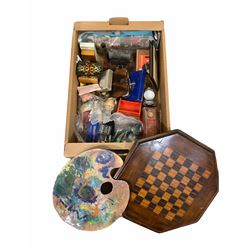 Wood chess board with inlaid detail, quantity of glass marbles, static steam engine, dolls house furniture, other games and toys etc in one box