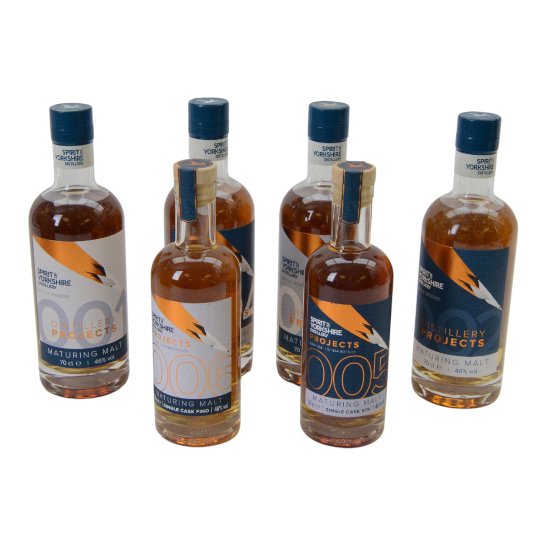 Spirit of Yorkshire Distillery, distillery projects maturing malts, full set of six, projects 001-004 70cl 46% vol and project 005, 006 50cl 46% vol