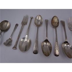 Group of silver flatware, including seal top spoon and fork set, hallmarked Charles Marsh, hallmarked Horace Woodward & Co Ltd, Birmingham 1915, set of three Old English pattern teaspoons, with engraved foliate decoration, hallmarked John Round & Son Ltd, Sheffield 1892 and a Victorian Scottish silver teaspoon, hallmarked James McKay, Edinburgh 1853 and other silver flatware, all hallmarked with various dates and makers