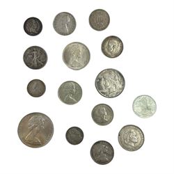 World coins in silver, including King George V British West Africa 1913 one shilling, United States of America 1922 peace dollar and 1939 half dollar, Queen Elizabeth II Australia 1961 one florin, Bahama Islands 1966 five dollars, Canada 1966 one dollar etc, overall weight approximately 210 grams