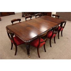 Victorian style mahogany telescopic extending dining table, rounded rectangular moulded top on lobed tapering supports with brass cups and castors (H74cm, 130cm x 154cm - 247cm (with two leaves)), and set eight Victorian style dining chairs with curved top rail, horizontal splat, and overstuffed upholstered seats,on lobed tapering supports (9)  