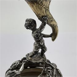 Modern limited edition silver mounted nautilus shell cup, no. 42/150, the pearlescent shell cup with silver-gilt strapwork to rim, upon a stem modelled as a putto supporting a gilt cornucopia and circular domed foot depicting Poseidon amongst swirling waves, hallmarked by St James House Company, London 1980,  H17.5cm