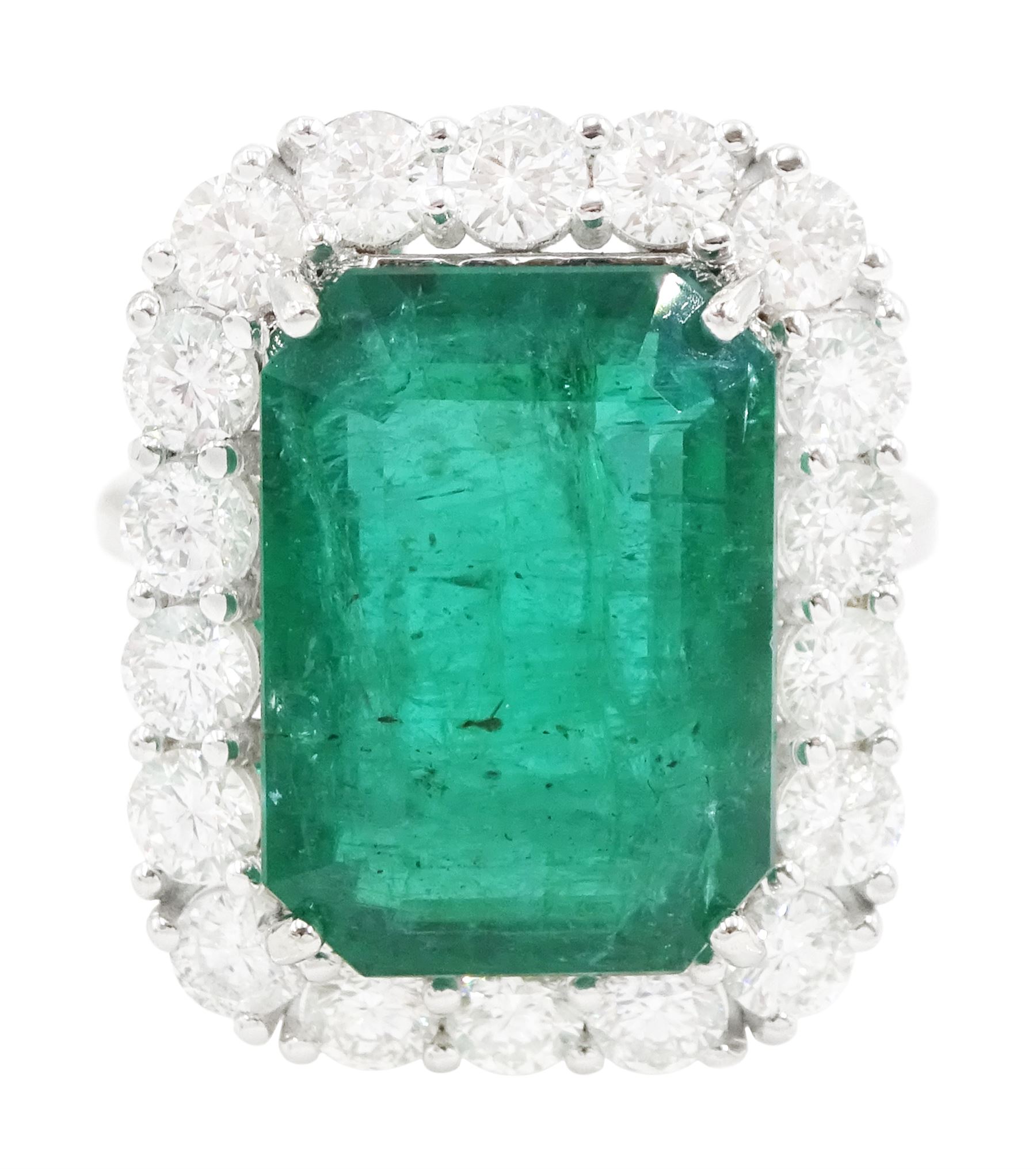 18ct white gold octagonal cut emerald and round brilliant cut diamond cluster ring, stamped, emerald approx 10.05 carat, total diamond weight approx 1.85 carat